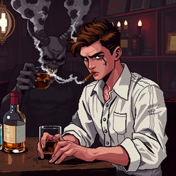 Pixel art de 8 bits de un chico delgado con camisa blanca de manga larga y tirantes sobre la camisa, cabello café oscuro, pecas en la cara alrededor de la nariz, ojeras y ojos negros, fumando un cigarro con el humo saliendo en una taberna