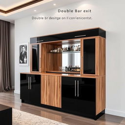 A stylish bar cabinet made of wood and black accents, approximately 3 meters in length