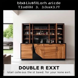 A stylish bar cabinet made of wood and black accents, approximately 3 meters in length