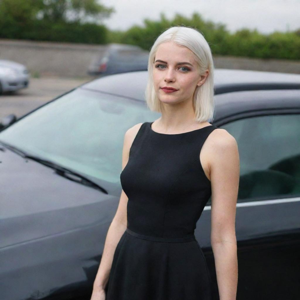 Full-length interior photo of a 30-year-old girl with white hair in a black dress, standing next to a car, showcasing long square proportional facial features, a small smooth nose, cheek dimples, bow lips, thin cheeks and cheekbones, large black eyebrows, smooth medium green eyes, and swarthy skin