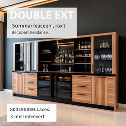 A stylish bar cabinet made of wood and black accents, approximately 3 meters in length