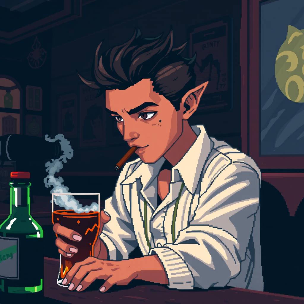 Pixel art de 8 bits de un chico delgado con camisa blanca de manga larga y tirantes sobre la camisa, cabello café oscuro, pecas negras en la cara alrededor de la nariz, ojeras y ojos negros, mirando al piso decepcionado mientras fuma un cigarro con el humo saliendo en una taberna