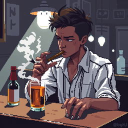 Pixel art de 8 bits de un chico delgado con camisa blanca de manga larga y tirantes sobre la camisa, cabello café oscuro, pecas negras en la cara alrededor de la nariz, ojeras y ojos negros, mirando al piso decepcionado mientras fuma un cigarro con el humo saliendo en una taberna