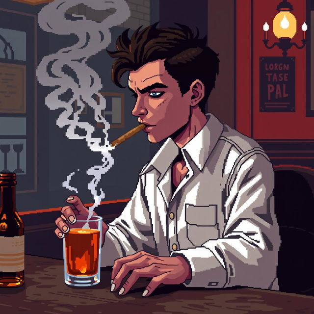 Pixel art de 8 bits de un chico delgado con camisa blanca de manga larga y tirantes sobre la camisa, cabello café oscuro, pecas negras en la cara alrededor de la nariz, ojeras y ojos negros, mirando al piso decepcionado mientras fuma un cigarro con el humo saliendo en una taberna