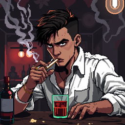 Pixel art de 8 bits de un chico delgado con camisa blanca de manga larga y tirantes sobre la camisa, cabello café oscuro, pecas negras en la cara alrededor de la nariz, ojeras y ojos negros, mirando al piso decepcionado mientras fuma un cigarro con el humo saliendo en una taberna