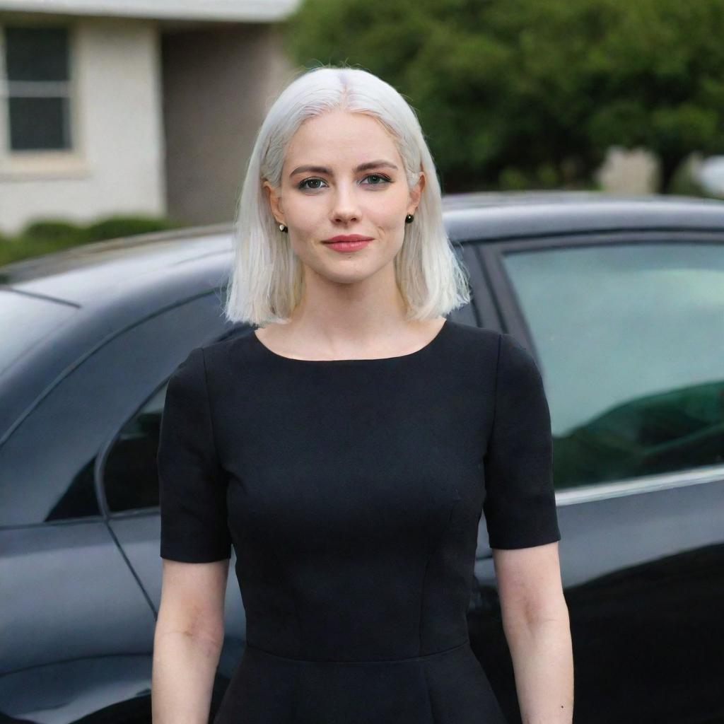 Full-length interior photo of a 30-year-old girl with white hair in a black dress, standing next to a car, showcasing long square proportional facial features, a small smooth nose, cheek dimples, bow lips, thin cheeks and cheekbones, large black eyebrows, smooth medium green eyes, and swarthy skin