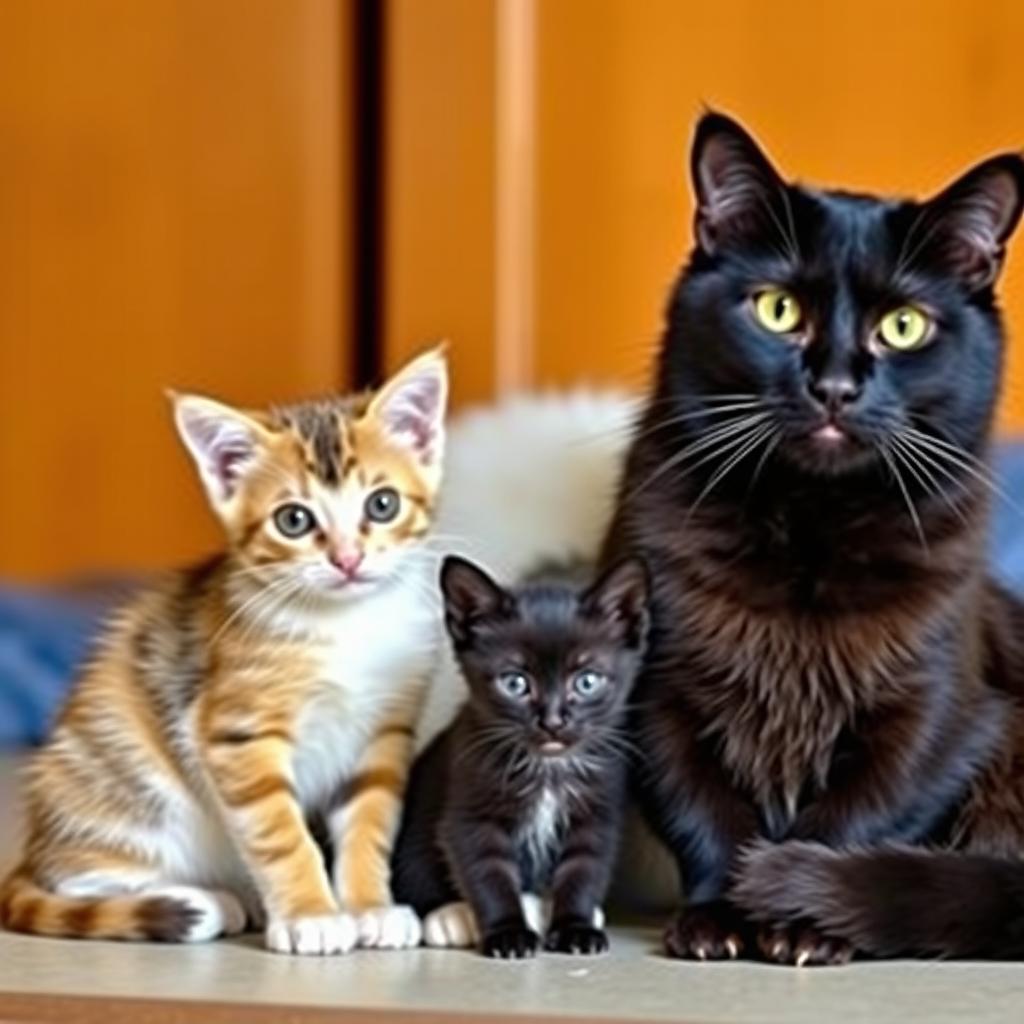 Three cats sitting together: a small calico or tricolor kitten, a small black kitten, and a large black cat