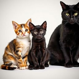 Three cats sitting together: a small calico or tricolor kitten, a small black kitten, and a large black cat