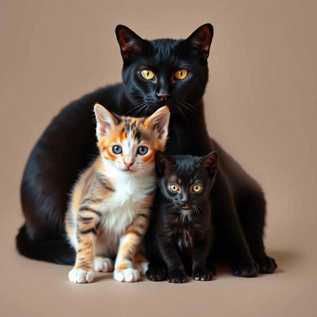 Three cats sitting together: a small calico or tricolor kitten, a small black kitten, and a large black cat