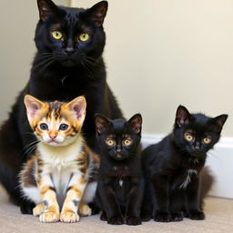 Three cats sitting together: a small calico or tricolor kitten, a small black kitten, and a large black cat