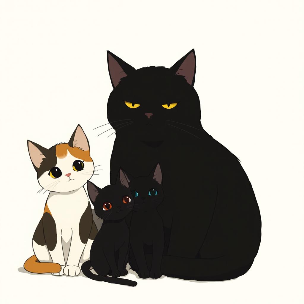 In the style of Studio Ghibli, three cats are sitting together: a small calico or tricolor kitten, a small black kitten, and a large black cat