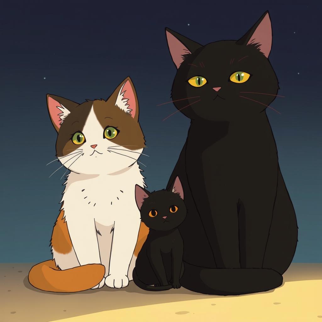 In the style of Studio Ghibli, three cats are sitting together: a small calico or tricolor kitten, a small black kitten, and a large black cat