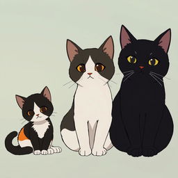 In the style of Studio Ghibli, three cats are sitting together: a small calico or tricolor kitten, a small black kitten, and a large black cat