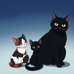 In the style of Studio Ghibli, three cats are sitting together: a small calico or tricolor kitten, a small black kitten, and a large black cat