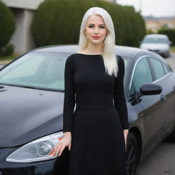 Full-length interior photo of a 30-year-old girl with white hair in a black dress, standing next to a car, showcasing long square proportional facial features, a small smooth nose, cheek dimples, bow lips, thin cheeks and cheekbones, large black eyebrows, smooth medium green eyes, and swarthy skin