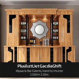 A stylish bar cabinet made of wood and black accents, approximately 2