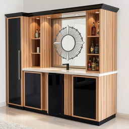 A stylish bar cabinet made of wood and black accents, approximately 2