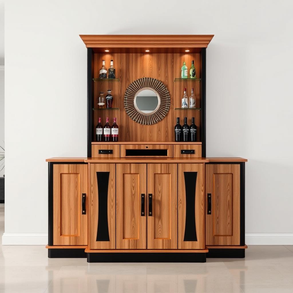 A stylish bar cabinet made of wood and black accents, approximately 2