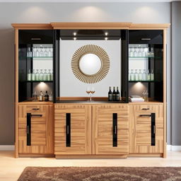 A stylish bar cabinet made of wood and black accents, approximately 2