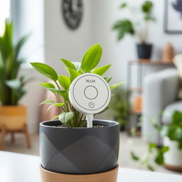 A sleek and modern XLUX moisture sensor placed in a pot with a healthy indoor plant