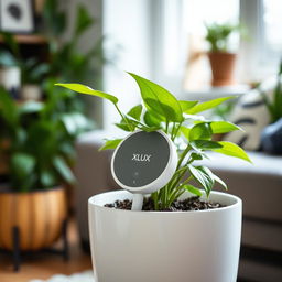 A sleek and modern XLUX moisture sensor placed in a pot with a healthy indoor plant