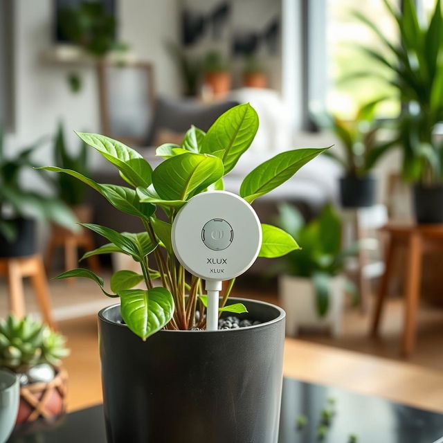 A sleek and modern XLUX moisture sensor placed in a pot with a healthy indoor plant