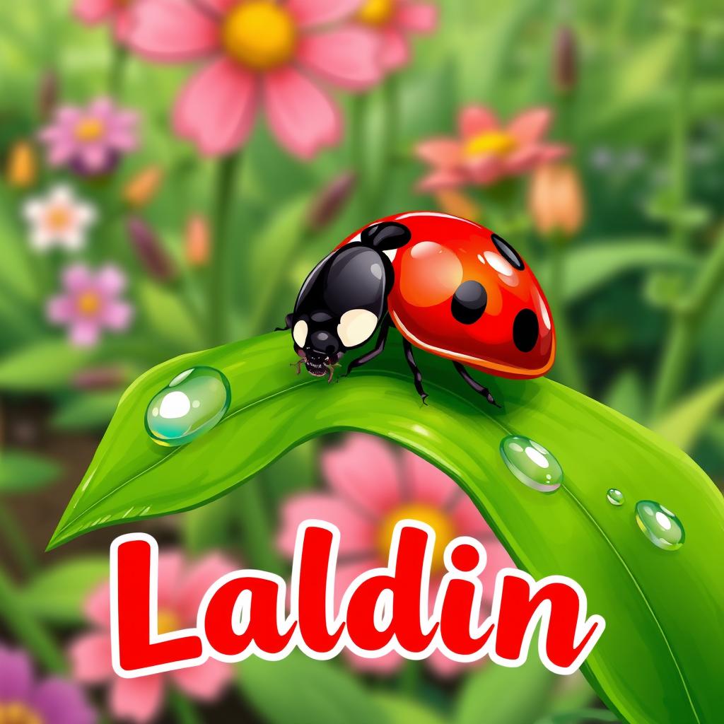 A detailed illustration of a ladybug sitting on a green leaf with dew drops