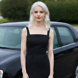 Full-length interior photo of a 30-year-old girl with white hair in a black dress, standing next to a car, showcasing long square proportional facial features, a small smooth nose, cheek dimples, bow lips, thin cheeks and cheekbones, large black eyebrows, smooth medium green eyes, and swarthy skin