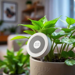 A sleek and modern XLUX moisture sensor placed in a pot with a healthy indoor plant