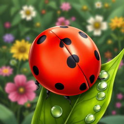 A detailed illustration of a ladybug sitting on a green leaf with dew drops