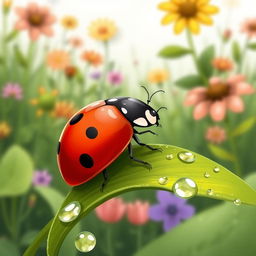 A detailed illustration of a ladybug sitting on a green leaf with dew drops