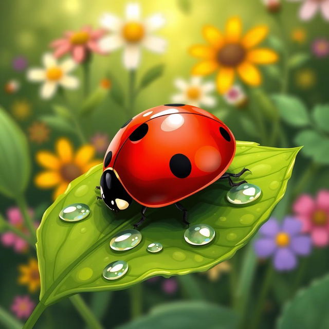 A detailed illustration of a ladybug sitting on a green leaf with dew drops