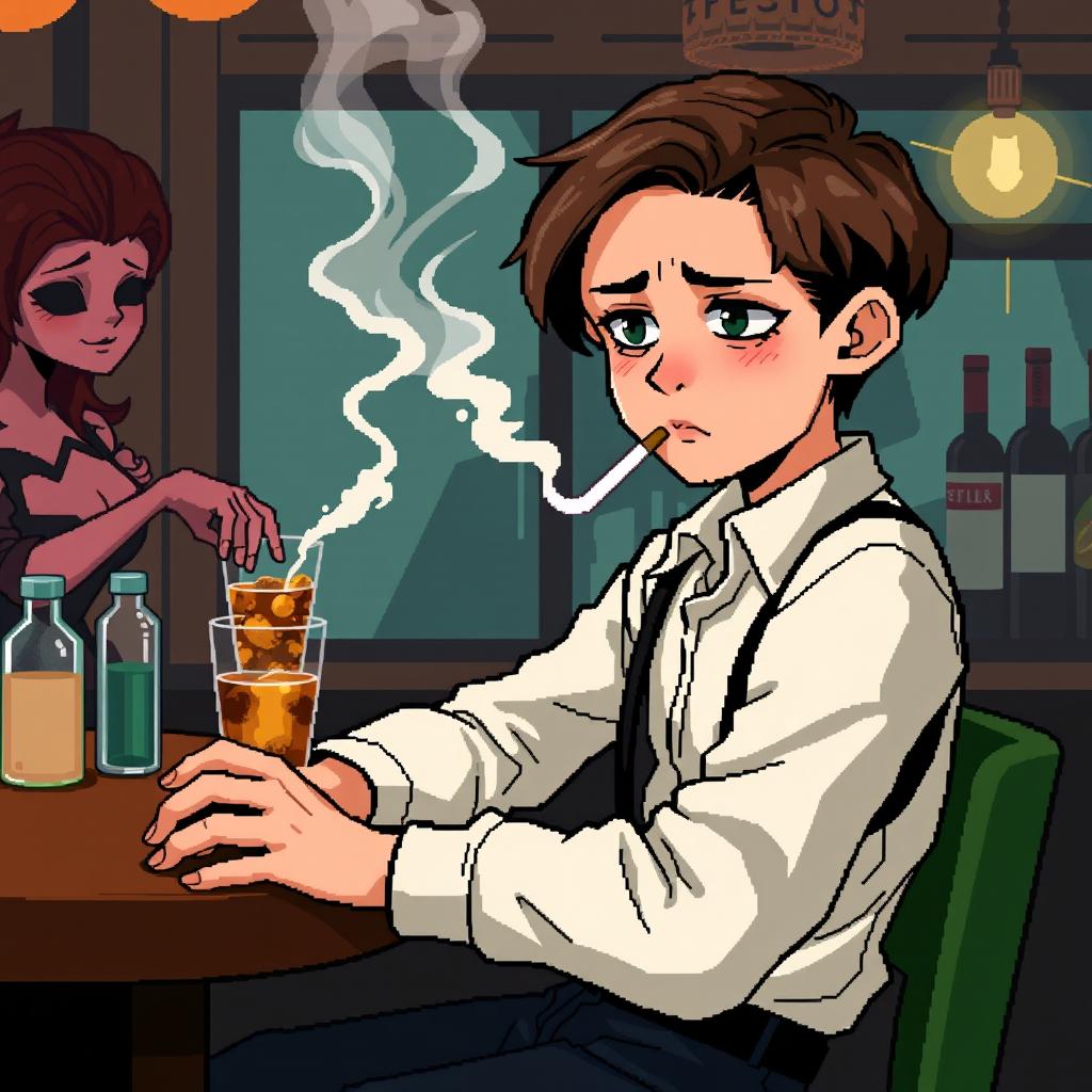 Create an 8-bit pixel art image featuring a boy sitting in a bar