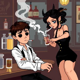 Create an 8-bit pixel art image featuring a boy sitting in a bar