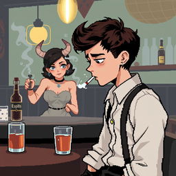 Create an 8-bit pixel art image featuring a boy sitting in a bar