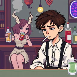 Create an 8-bit pixel art image featuring a boy sitting in a bar