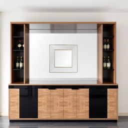 A modern bar cabinet made of wood and black accents, approximately 2