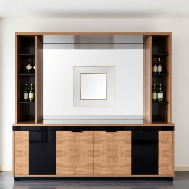 A modern bar cabinet made of wood and black accents, approximately 2