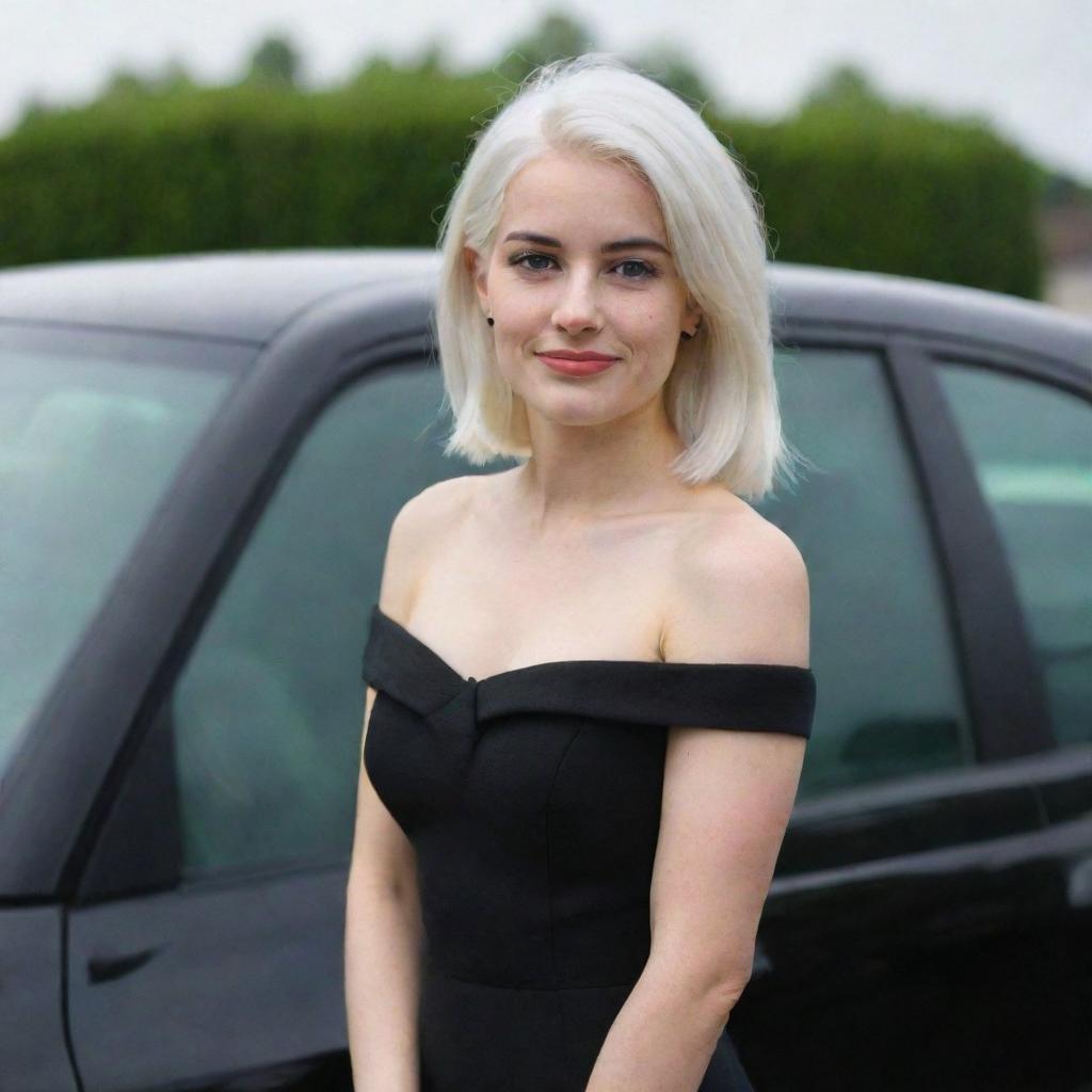 Full-length interior photo of a 30-year-old average build girl with white hair in a black dress, standing next to a car, featuring long square proportional facial features, a small smooth nose, cheek dimples, bow lips, thin cheeks and cheekbones, large black eyebrows, smooth medium green eyes, and swarthy skin