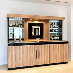 A modern bar cabinet made of wood and black accents, approximately 2