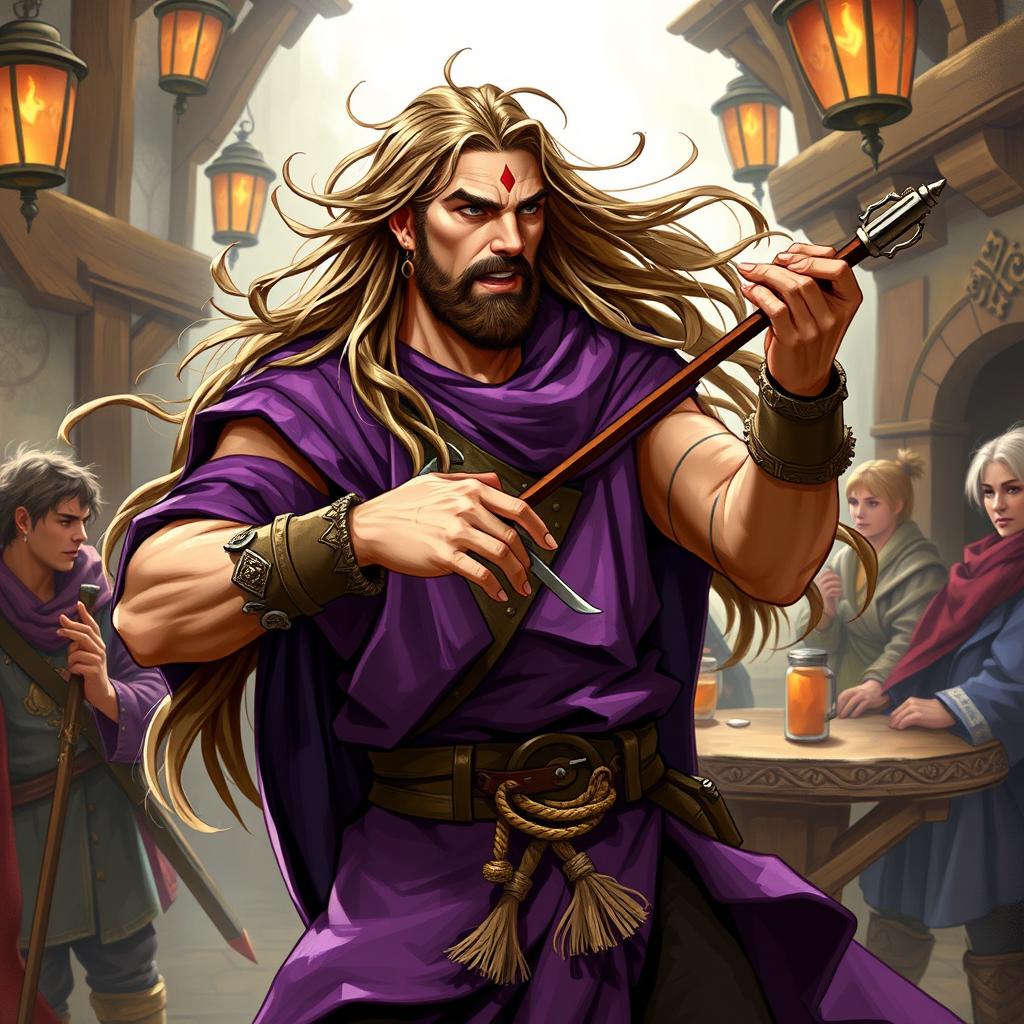 A human male bard from Dungeons & Dragons with long flowing hair, playing a loud tune