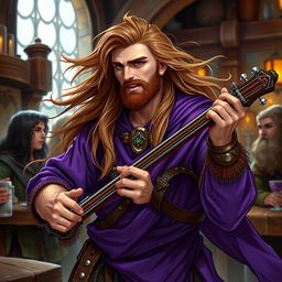 A human male bard from Dungeons & Dragons with long flowing hair, playing a loud tune