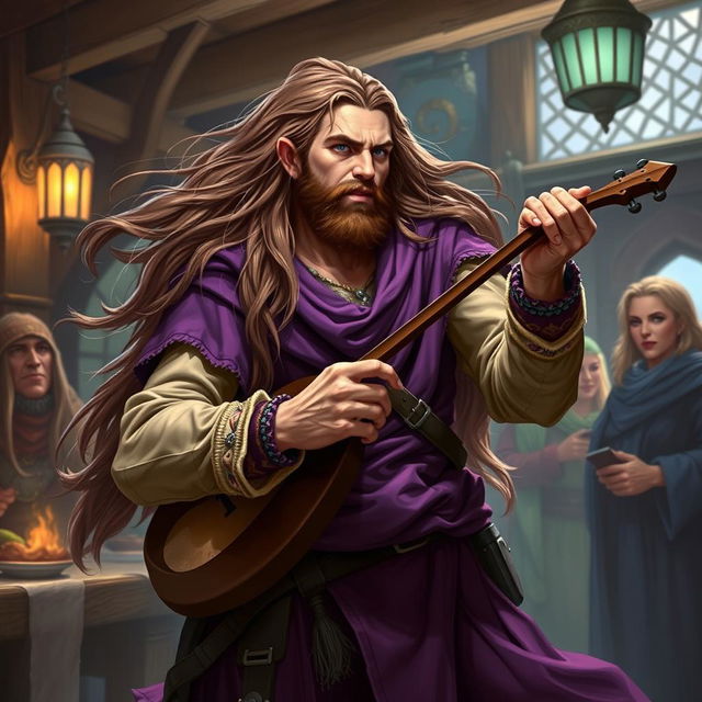 A human male bard from Dungeons & Dragons with long flowing hair, playing a loud tune