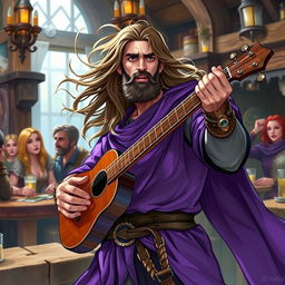 A human male bard from Dungeons & Dragons with long flowing hair, playing a loud tune