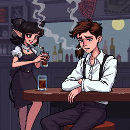 Create an 8-bit pixel art image featuring a boy sitting in a bar