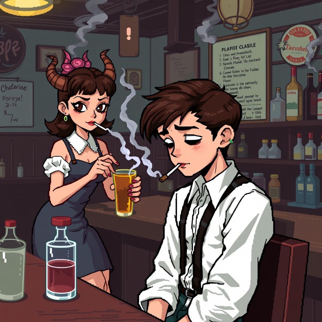 Create an 8-bit pixel art image featuring a boy sitting in a bar