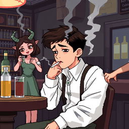 Create an 8-bit pixel art image featuring a boy sitting in a bar