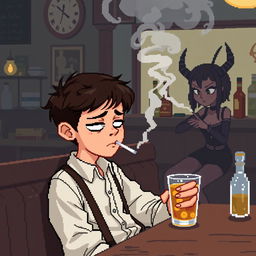 Create an 8-bit pixel art image featuring a boy sitting in a bar