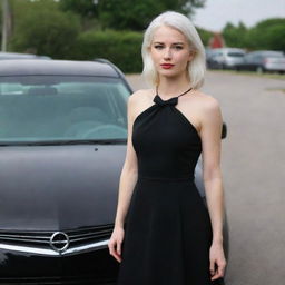 Full-length interior photo of a 30-year-old average build girl with white hair in a black dress, standing next to a car, featuring long square proportional facial features, a small smooth nose, cheek dimples, bow lips, thin cheeks and cheekbones, large black eyebrows, smooth medium green eyes, and swarthy skin