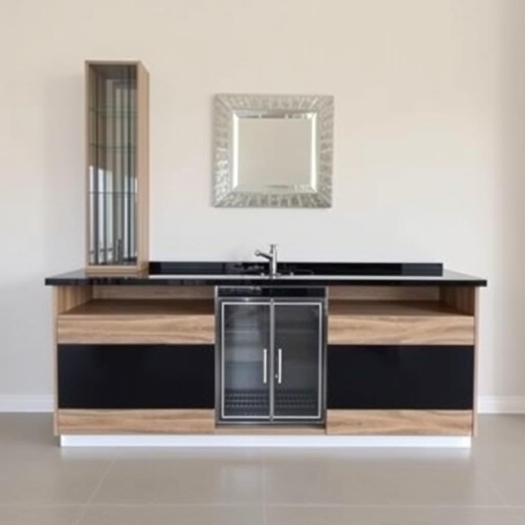 A modern bar cabinet made of wood and black accents, approximately 2